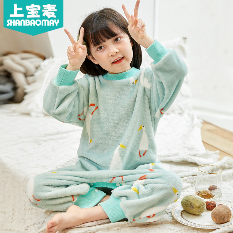 어퍼 바오 마이 가을 새 어린이 슬리퍼 플란넬 소년과 소녀를위한 따뜻한 잠옷 산호 양털 어린이 집 옷