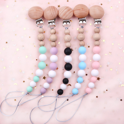 Foreign trade AliExpress hot selling pacifier chain silicone teether anti-falling chain beech wood clip anti-falling strap Amazon