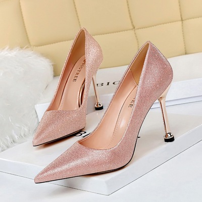 17189-1 han edition sexy high-heeled shallow pointed mouth shining sequins cloth fine with high heels for women's shoes 