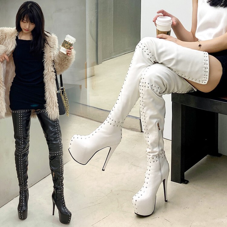 European and American Foreign Trade Cross-border Women's Shoes European Station Super High Heel Pointed Rivet Lou Knee Boots Thigh Rider Boots Long Boots