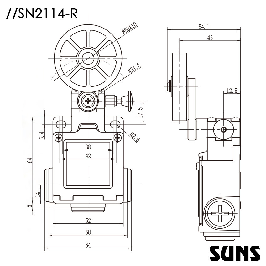 SUNS美国三实行程开关SN2114-R安全限位开关 手动复位限位开关尺寸图