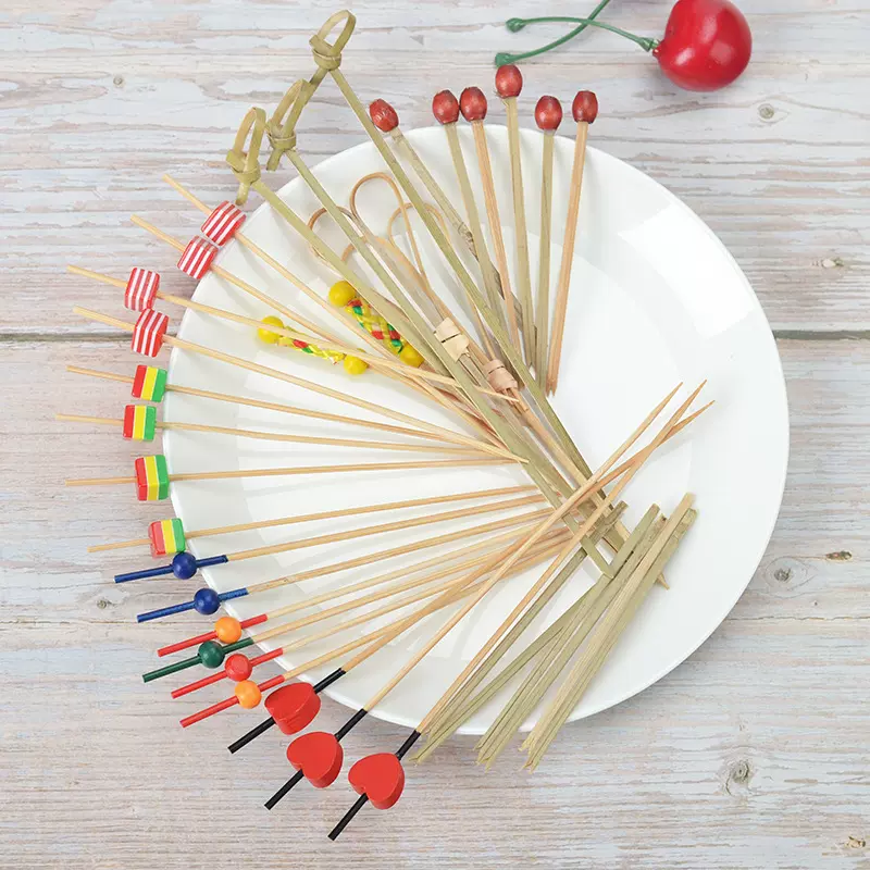 一次性水果竹签批发 剪刀串花结串指环串双珠串 甜品寿司签竹制