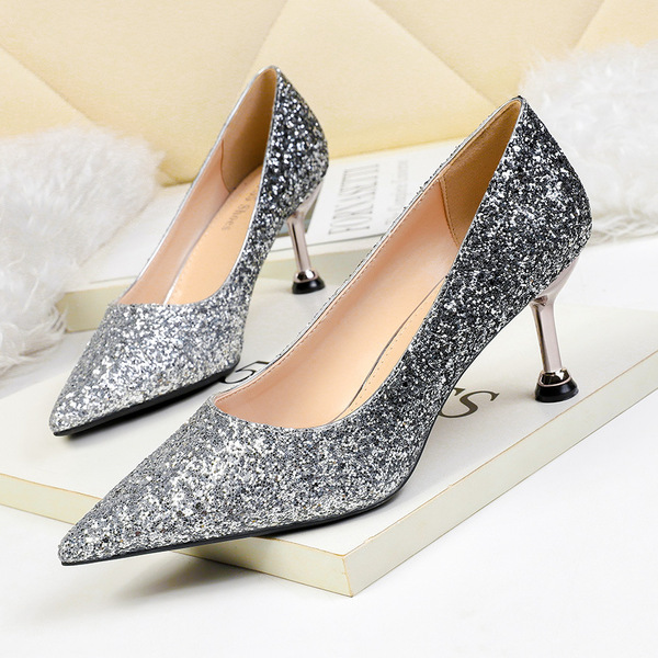 Sexy pointed shallow mouth high heel gradient Sequin professional women’s shoes