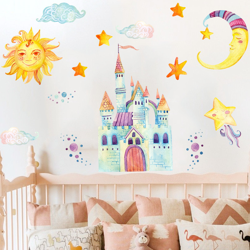 New Watercolor Cartoon Sun Moon Castle Wall Stickers display picture 4