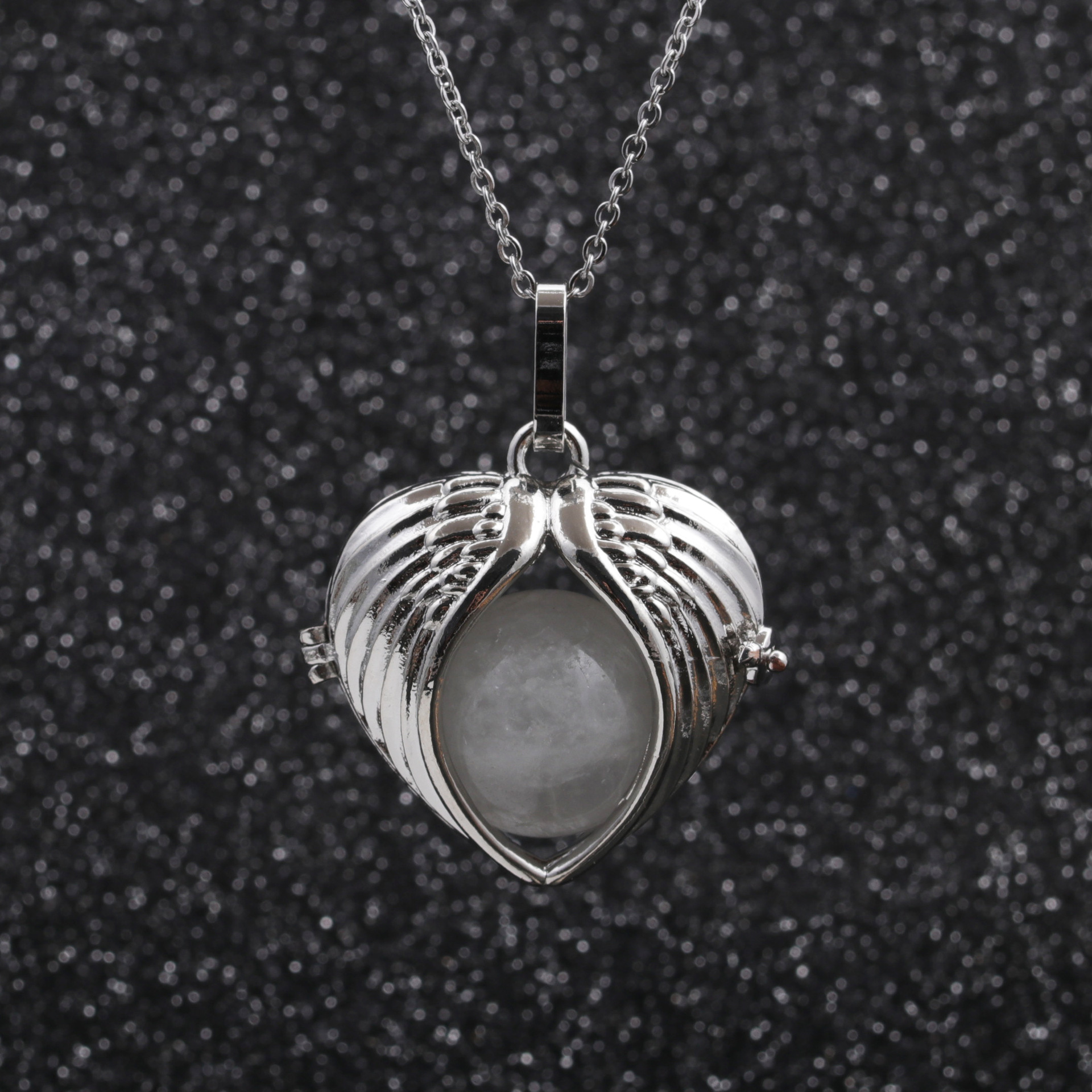 sweater chain stainless steel angel wings round bead pendant necklace