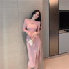 Crew neck cut out low cut slim cut A-line dress party dress long sleeve dress