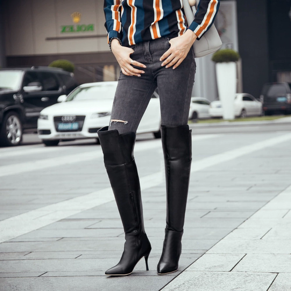 Новинка 2019, модные однотонные Сапоги выше колена в европейском и американском стиле с острым носком и молнией сбоку, женские сапоги на шпильке, супер большие размеры 45