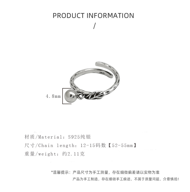 Personalized Retro Leaf Ring S925 Sterling Silver Ring Chic Korean Style Female Round Bead Leaf Silver Ring Jewelry