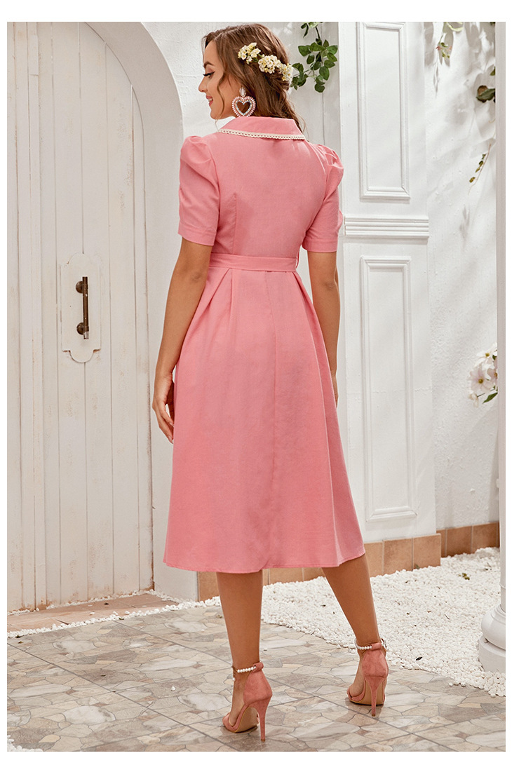 doll collar mid-length high waist solid color dress NSXS36226