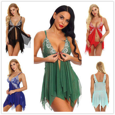 速賣通內衣 蕾絲V領前開合情趣睡衣全不對稱下擺雙色花邊睡裙4XL