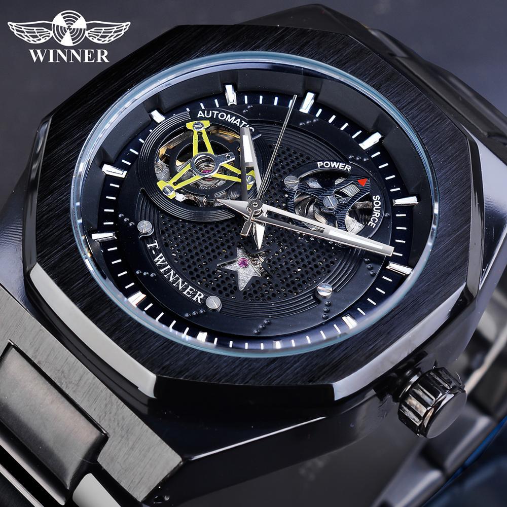 Nuevo ganador reloj mecánico automático octogonal de los hombres hueco de cinco puntas reloj mecánico correa de acero inferior transparente