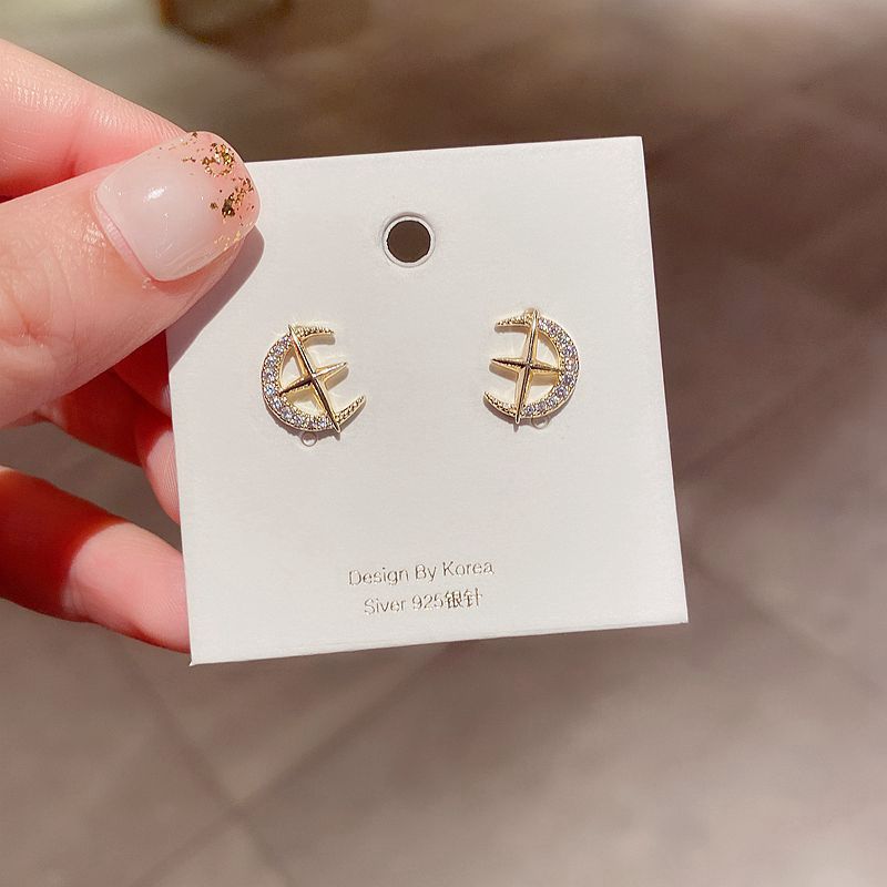 Hot Selling 925 Silver Needle Zircon Micro-inlaid Cross Stars  Moon Earrings display picture 5