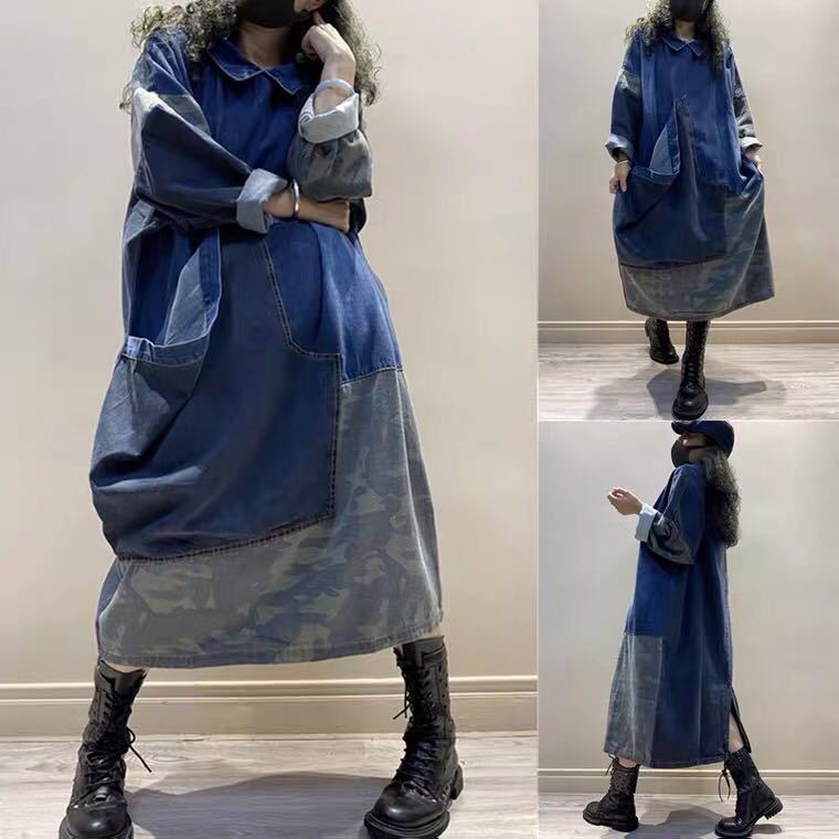 水洗牛仔布做旧连衣裙女中长款设计感大口袋欧货大码宽松裙子加肥