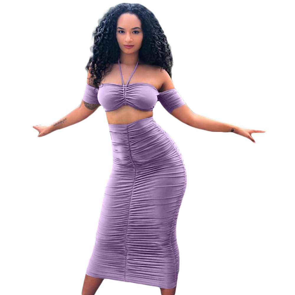 Women's Purple Sling Wrapped Chest Bag Hip Midi Skirt Suit