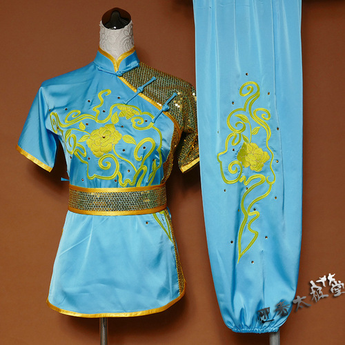 Tai chi clothing chinese kung fu uniforms season long fist short sleeve Sequin training suit embroidered martial arts sword Qigong competition performance suit