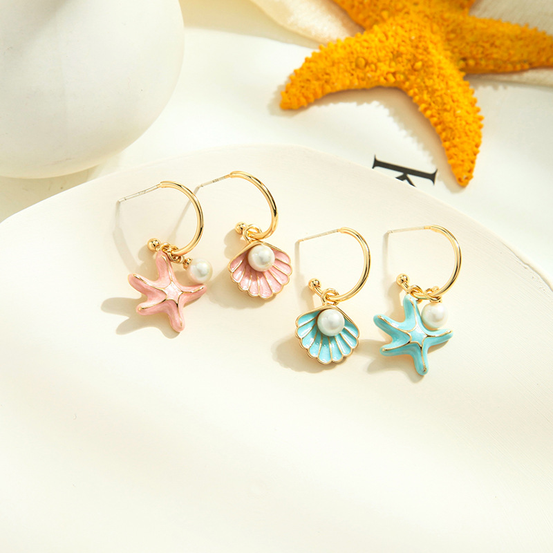 New Fashion Enamel Glaze Earrings S925 Silver Needle Wild Pearl Sweet Starfish Shell Earrings display picture 2