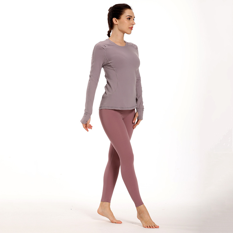 一件代发纯色紧身长袖修身瑜伽上衣女款运动衫跑步运动服