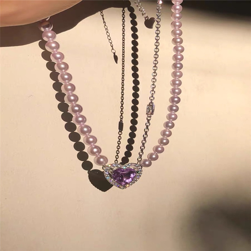 Korean Autumn And Winter Pearl Purple Gem Choker Pendant Necklace display picture 4