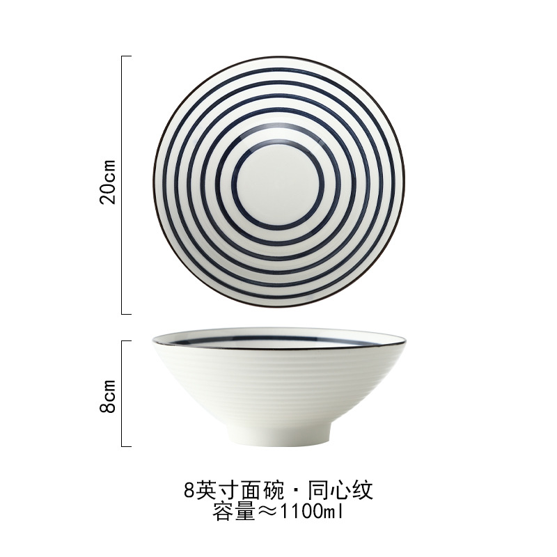 Tazón de sopa bajo vidriado pintado a mano de estilo japonés tazón de fideos tazón grande horno de microondas Cubo de cerámica tazón de fuente de fideos instantáneos tazón de fuente de ensalada tazón de altavoz