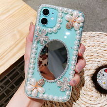 網紅適用VIVO 華為 OPPO蘋果iPhone手機殼三星小米珍珠水鑽補妝鏡