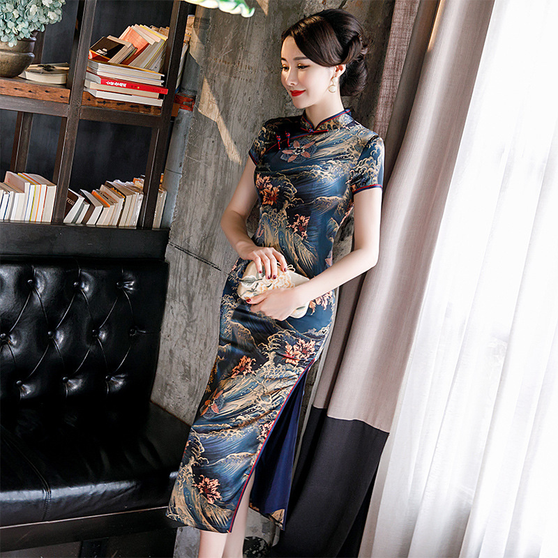 Chinese Dress Qipao for women New style traditional dress mulberry silk cheongsam long elegant silk short sleeve dress