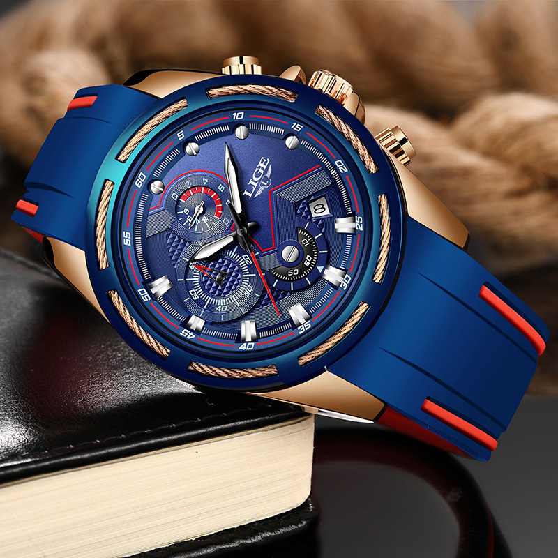 LIGE LIGE silicone tape sports waterproof watch luminous multifunctional chronograph explosion atmospheric men's watch 9957