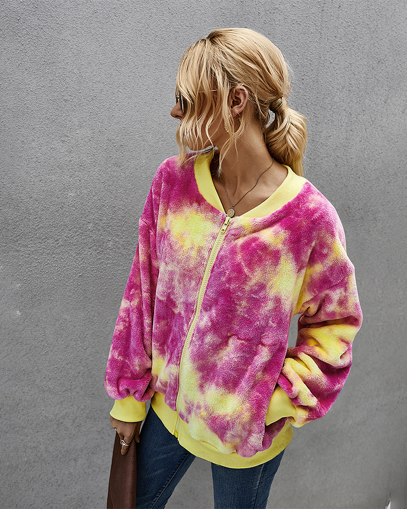 ropa de mujer invierno contraste color tie-dye chaqueta de felpa de manga larga mujer NSKA214