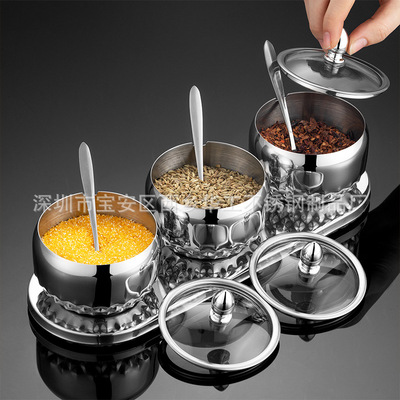 不锈钢调味罐斜身糖蛊套餐家用  可视透明钢化玻璃盖调料罐配勺子