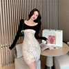 Straight neck low cut lace Crocheted hip dress with bottom skirt and long sleeve dress