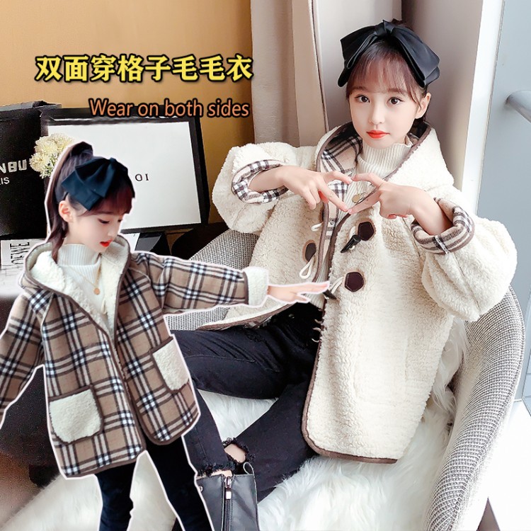 女童加絨外套2020冬新款童裝兒童韓版格子上衣中大童雙面穿毛毛衣