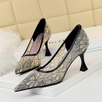 252-3 European and American wind fashion sexy nightclub show thin cat with high with shallow pointed mouth mesh hollow out single shoe lace