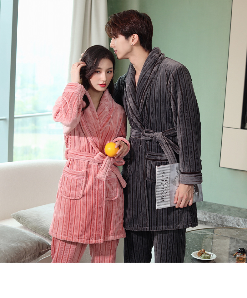 Pigiama da donna GraceChic GraceChic, set di vestaglia e pantaloni in pile corallo autunnale, abbigliamento da casa in flanella a righe per uomo, set invernale_voghion.com