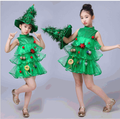 Children's girls Christmas tree dress costumes jazz dance princess dress young trees green elves kindergarten performance