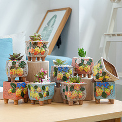 Featured square creative cute cartoon ceramic succulent plant pot with feet square succulent ceramic flower pot hand-painted pot