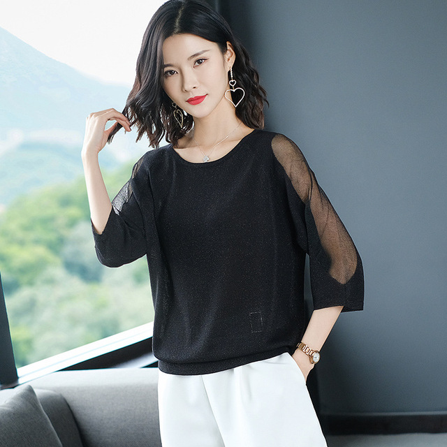 Ice silk T-shirt women’s summer half sleeve top short loose bottomed shirt mesh half sleeve