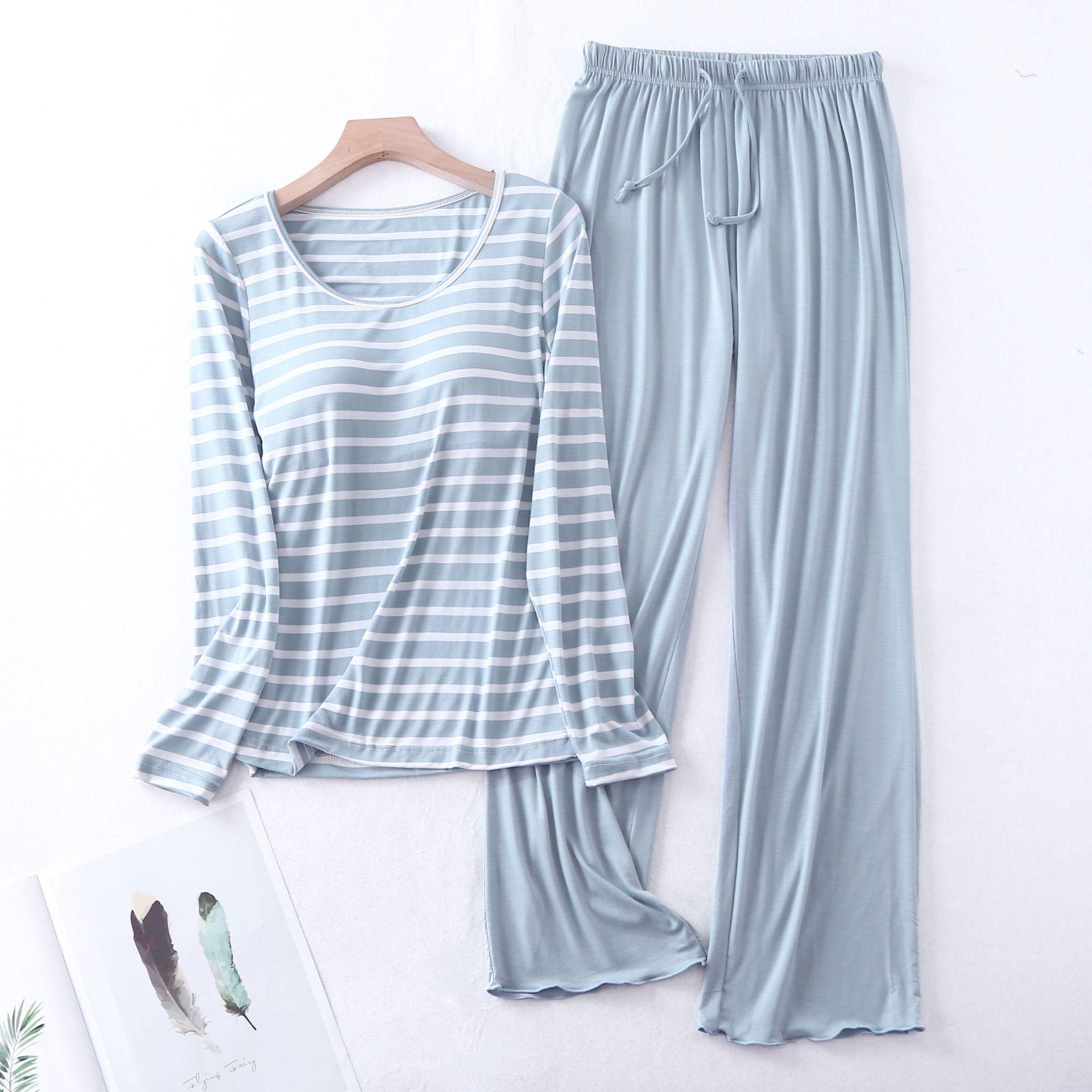 modal Sternum Fingers stripe Loose Long sleeve Lotus leaf trousers suit Cup one Home Furnishings