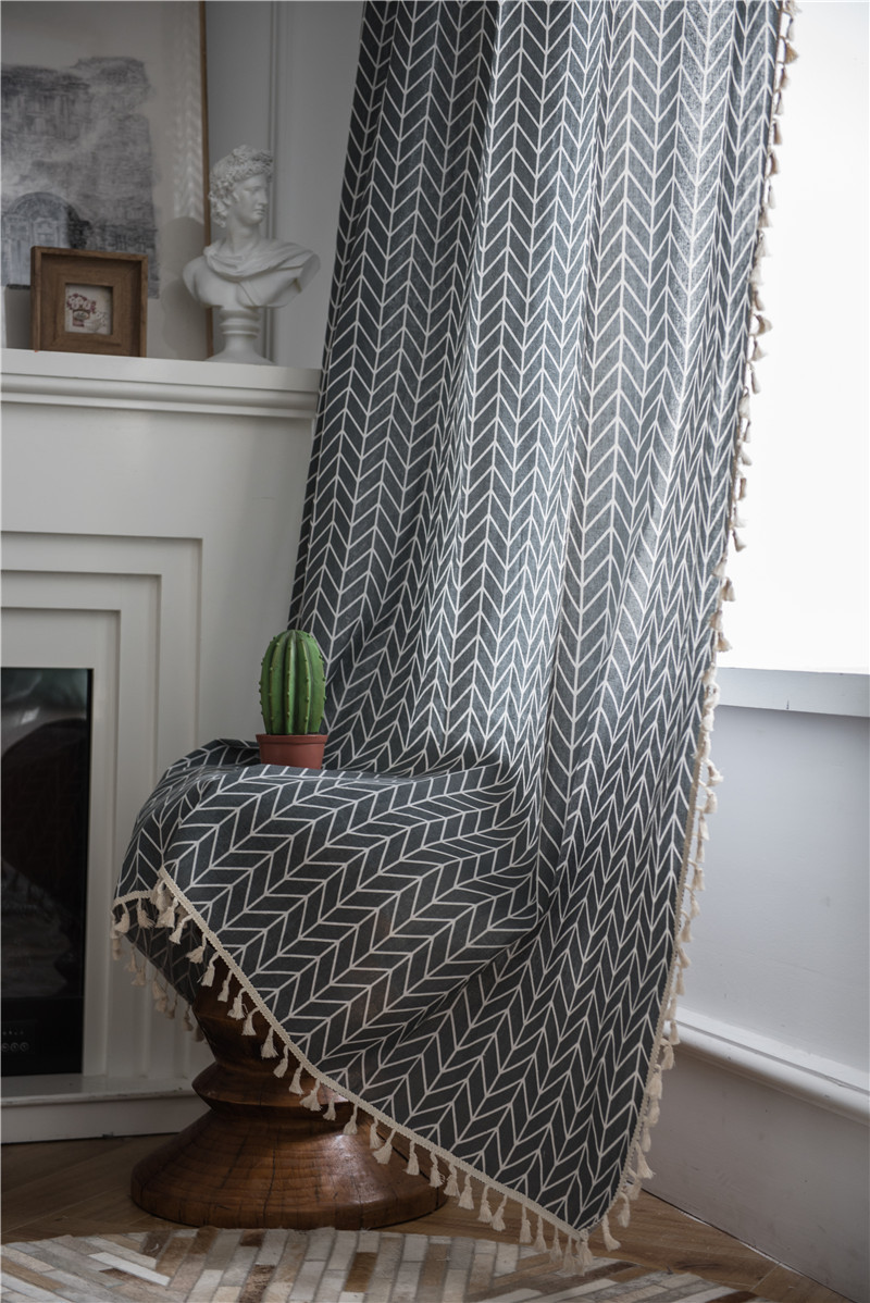 Minimalistischer Geometrischer Vorhang Mit Quasten Grau Baumwolle_voghion.com
