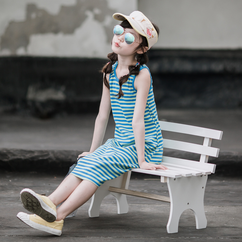 Niñas vestido 2023 nuevo verano estilo coreano niños grandes verano rayas chaleco falda casual sin mangas falda de los niños