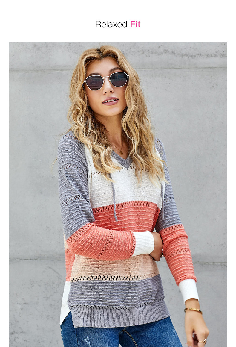 women long-sleeved loose fashion colorful striped pullover knitted hooded sweater NSSI2391