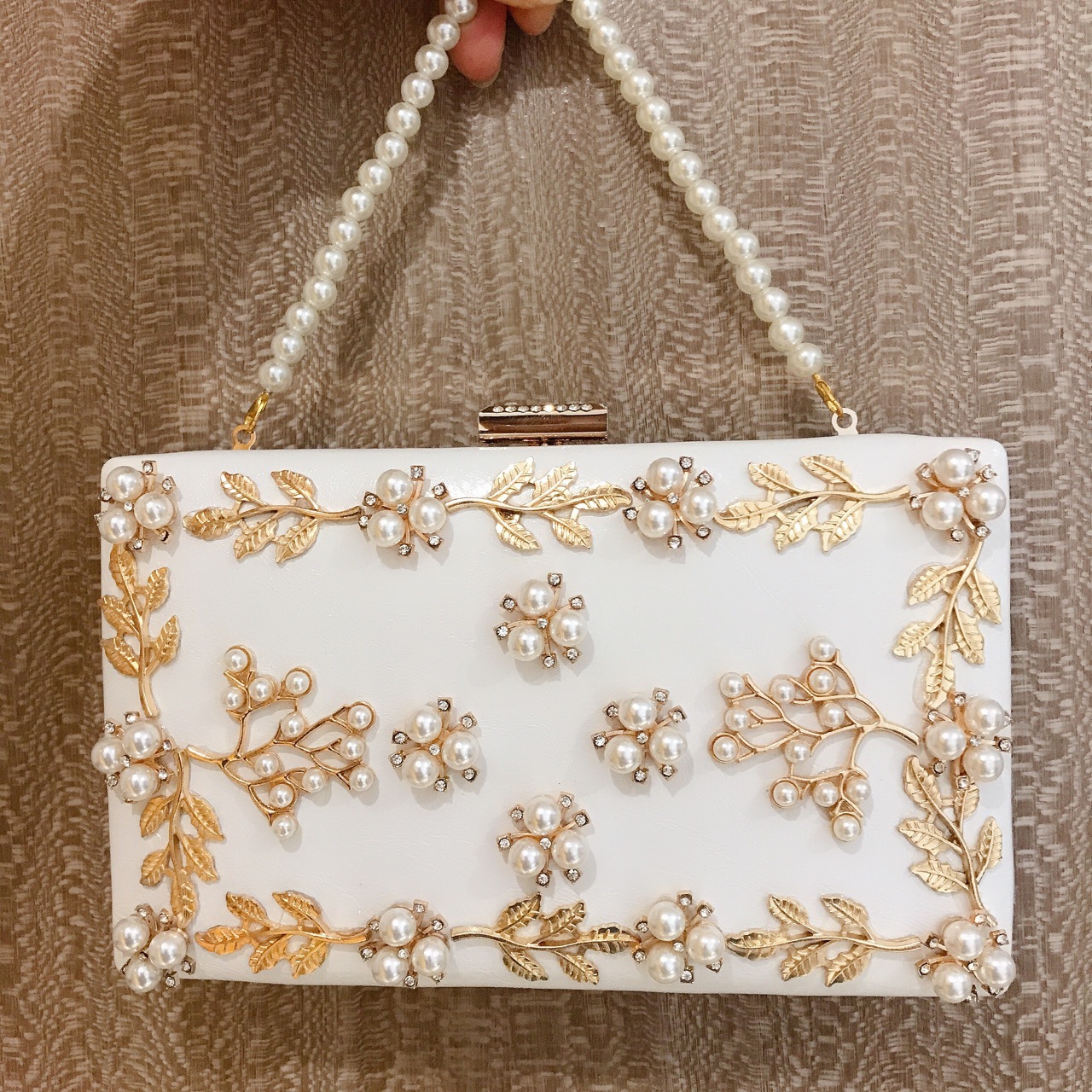 Túi clutch nữ đính đá dạ hội hình vuông nhỏ da nạm kim cương — Màu trắng