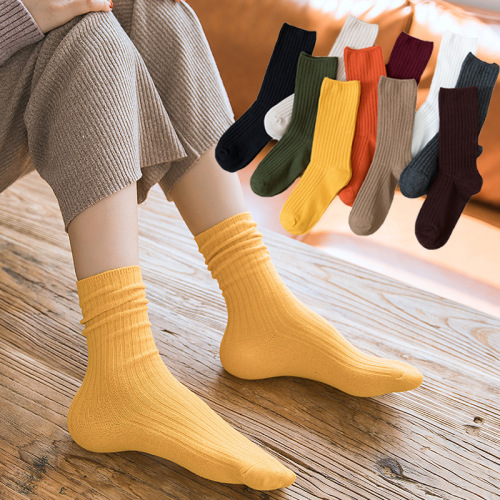 Drawstring Ankle Socks for Women - Japanese Style Pile Socks, New Fall/Winter Pure Color Cotton Medium Cuff Double Needled Women's Cotton Socks, Factory Wholesale