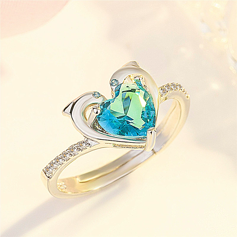 Creative fashionable sapphire wedding ring heart shaped, micro incrustation