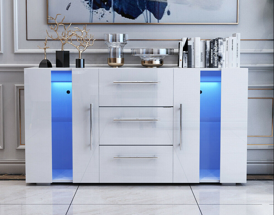 Moda 3-puerta 2-puerta blanco con luz LED de almacenamiento aparador gabinete sala de estar comedor aparador gabinete
