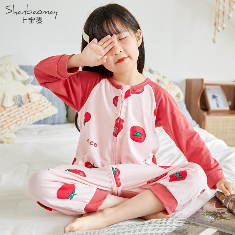 SHANGBAOMAI 봄과 가을 어린이 원피스 잠옷 긴팔 새  잠옷 감기를 예방하고 배꼽 지퍼 가정 옷 면화를 보호합니다