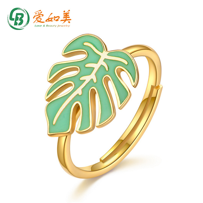 Summer Fresh Green Oil Drop Monstera Leaf Shape S925 Silver Open Ring European And American Fashion Simple Ring