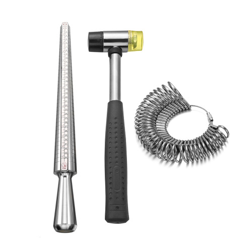 Open ring size expander, solid wooden rod and hammer set, measuring ring, small caliper, jewelry repair tools