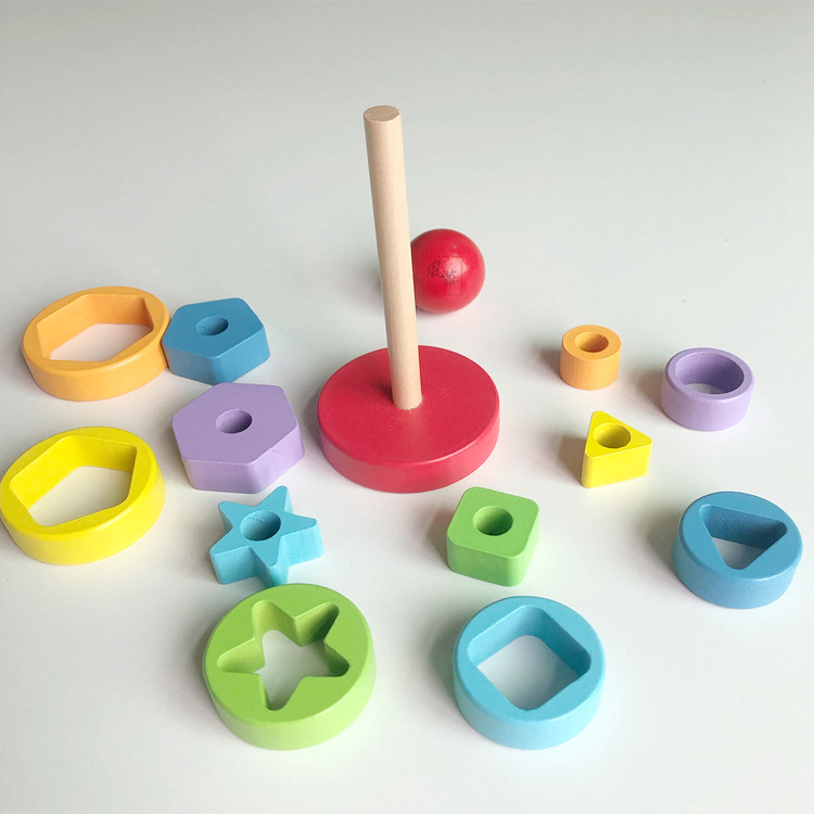 Arco iris jeenga anillo plegable torre plegable columna alta juguetes de madera para niños venta al por mayor tamaño pequeño arco iris torre bloques de construcción