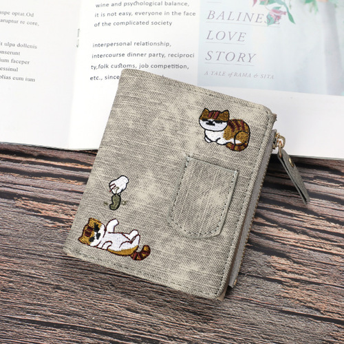 Jeans style wallet cat embroidered canvas pattern large capacity buckle can hold mobile phone pocket decoration women's bag