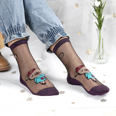 秋冬新款金银丝闪烁水晶丝袜棉底透明中筒高腰卡通女袜 厂家批发