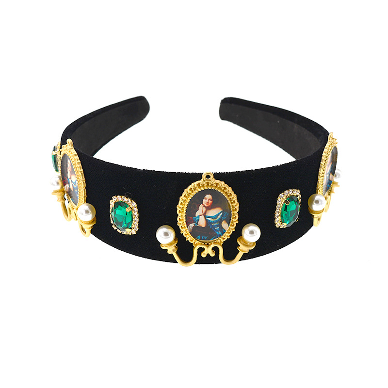 Women'S Gender Plating Design Retro Style Headband For Women Simple Korean Elegant Imitation Pearl Hair Hole Baroque Retro Photo Frame Oil Painting Non-slip Headband